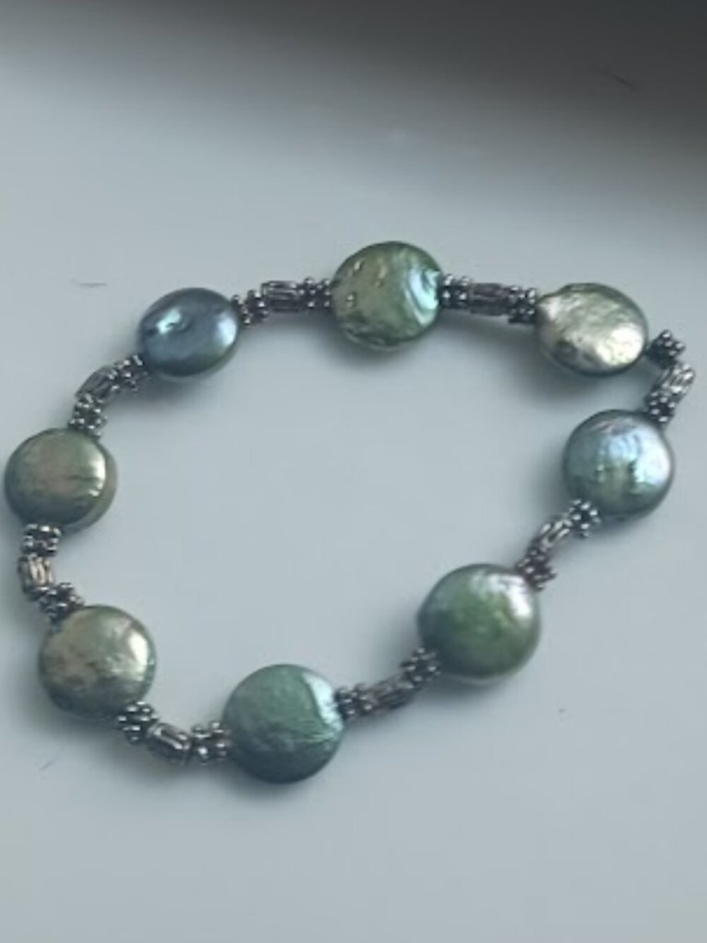 Green Coin Pearl Stretch Bracelet Baroque Iridescent Luster Beaded